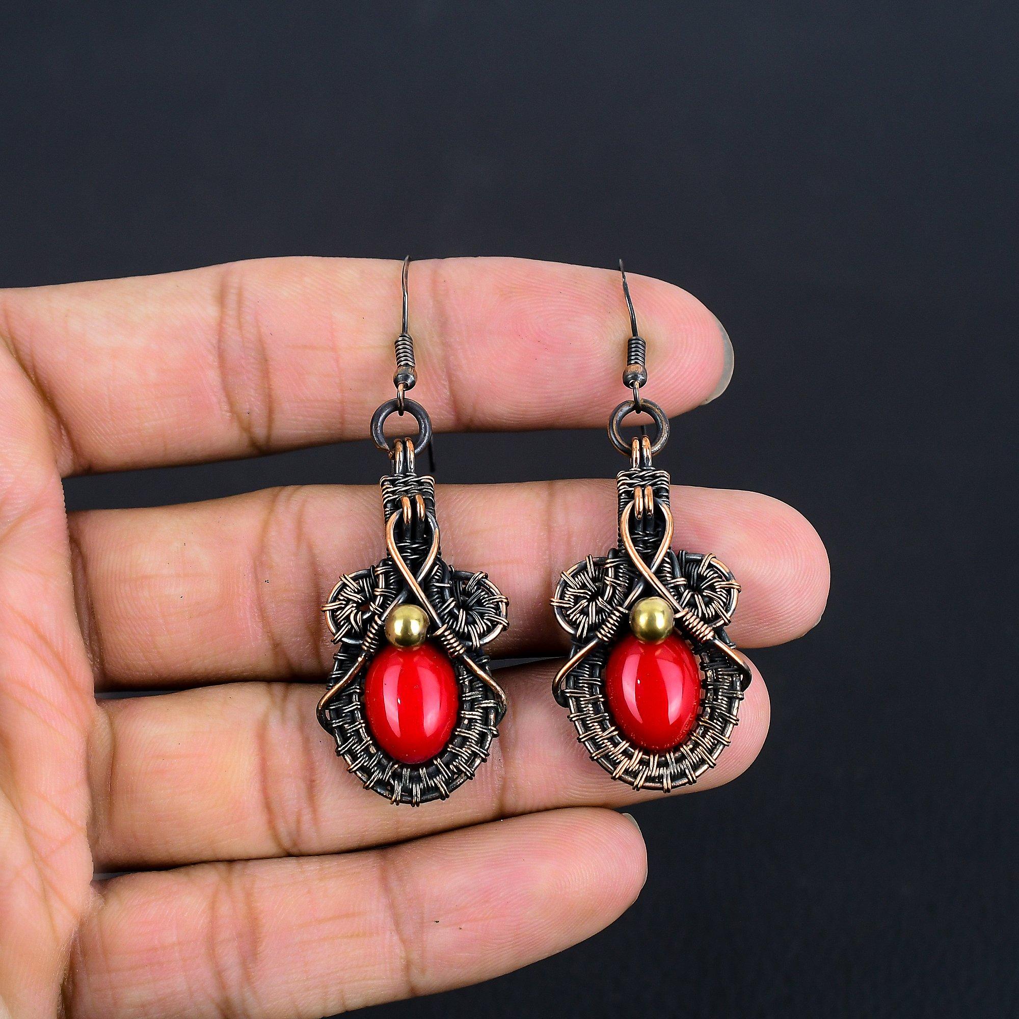 

Серьги из красного коралла ручной работы, обернутые медной проволокой 999 пробы, антикварные украшения, для подарка на помолвку 1.77 Inches