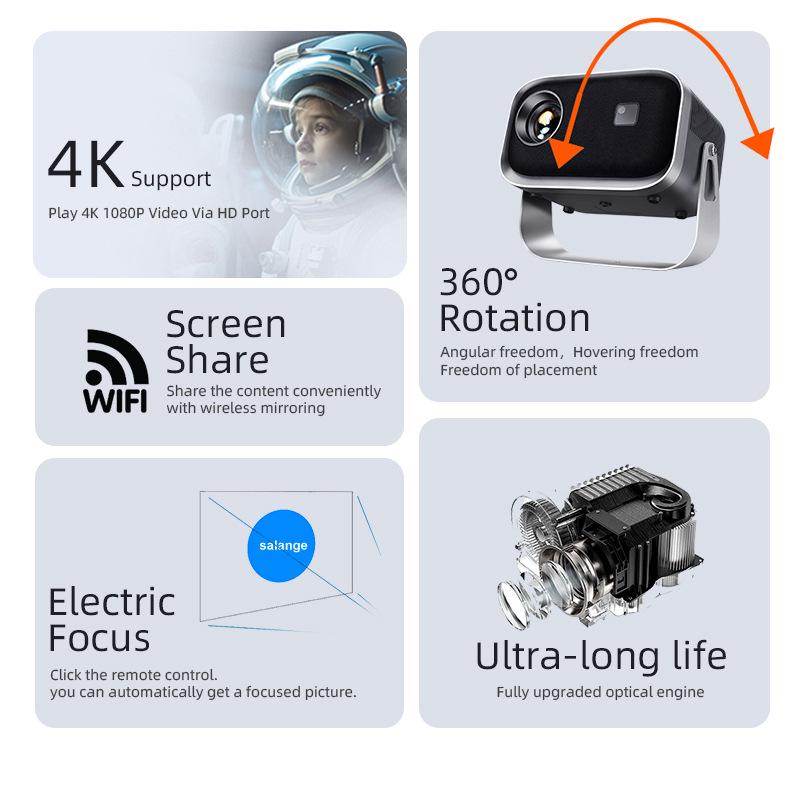 1080P HD Tragbarer Android-Projektor mit 360°-Drehung und Ständer für Zuhause & Büro