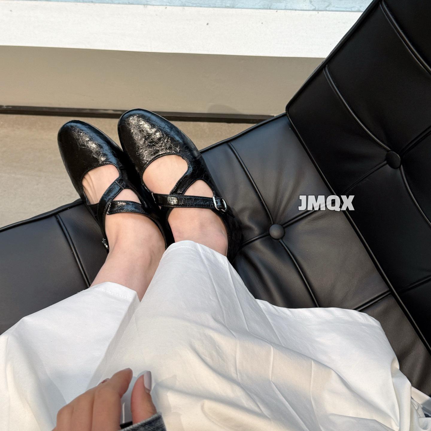 

The owner keeps it~ 2025 spring and autumn new super soft eel pattern cross belt flat ballet single shoes women s Mary Jane shoes 35 чёрный