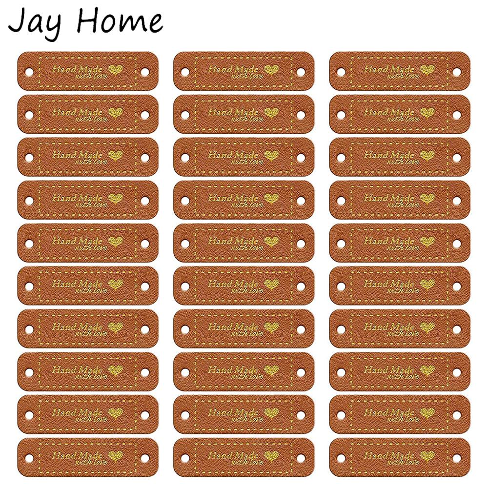 30Pcs Handmade PU Leather Tags with Love Heart Sew on Labels Embellishment Knitting Accessories for DIY Crafts Sewing Labels