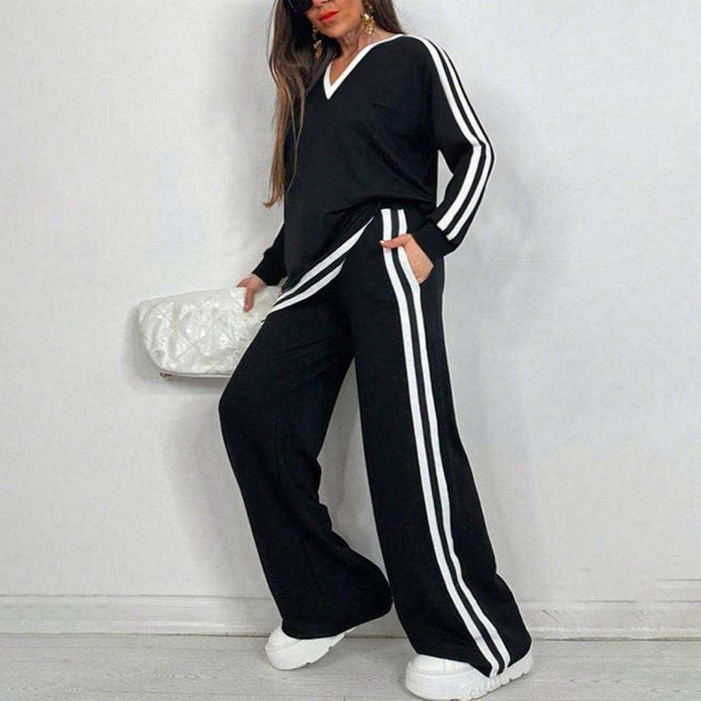 Women's Fashionable Casual V,neck Color Block Striped Long,Sleeved Top and Pants Set