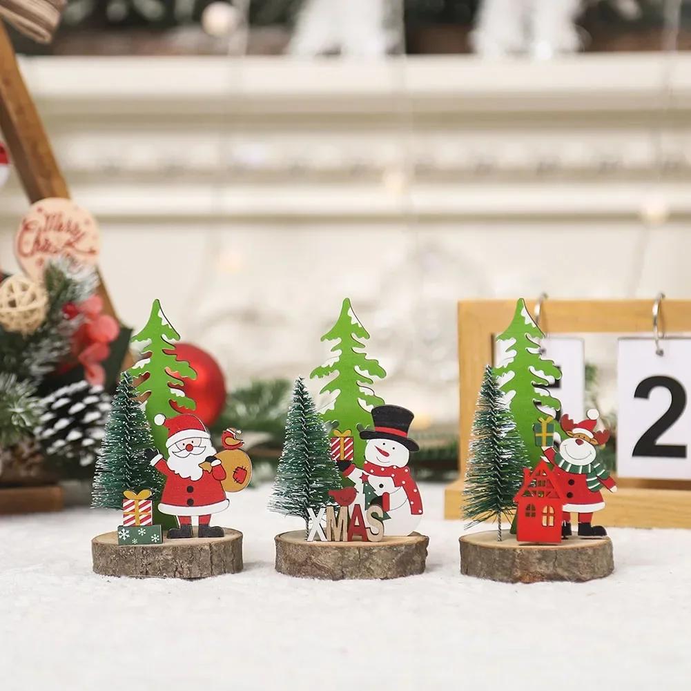 Christmas Wooden Decorations Cartoon 3D Wooden Ornaments Plastic Xmas Tree Pendant Santa Claus Crafts Table Festival Decoration