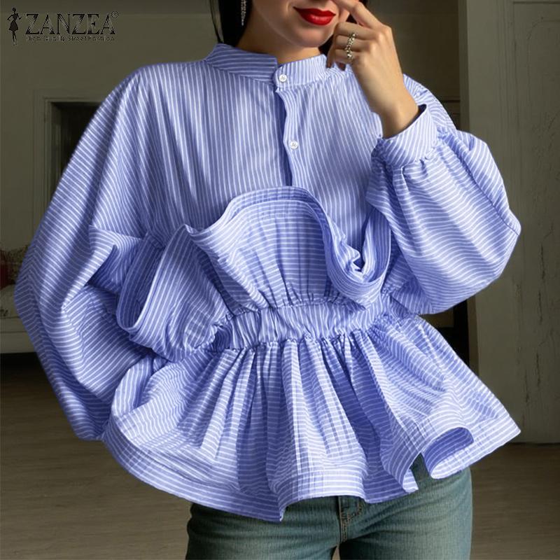 

ZANZEA Women Casual O-neck Long Sleeve 3D Ruffles Splice Loose Stripe Blouse S чорний
