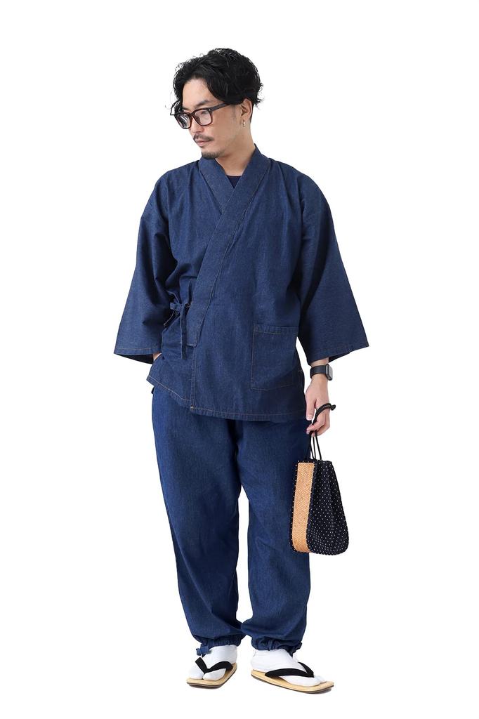 Denim Samue for All Year All Set Everyday Indigo [Tayutaf] Men, Round, Men's Samue, Seasons, Kimono, Up, Cotton, Kimono, Workwear, Loungewear,