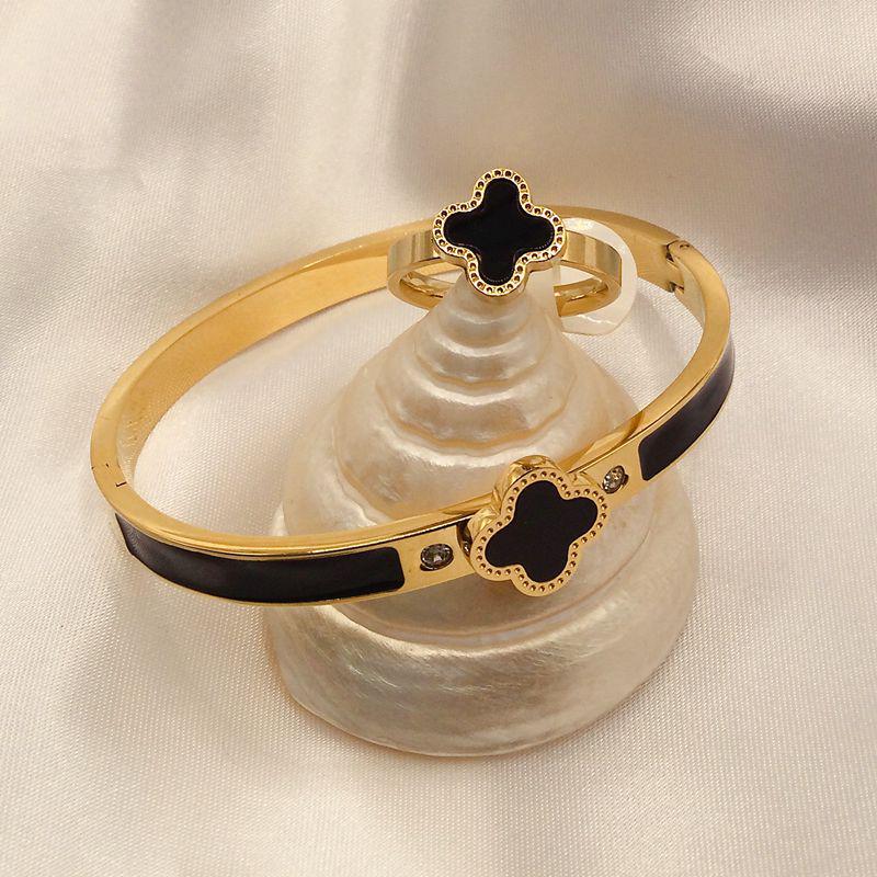 Four-Leaf Clover Bracelet & Ring Set: Titanium Steel, Oil Drip Diamond, Available In Black, White, Red, & Green