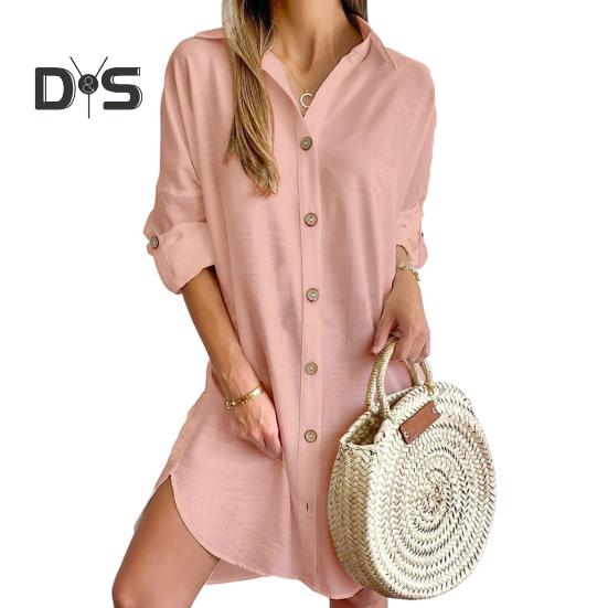 

Платье-рубашка для женщин осень-весна, однобортное, с разрезом по низу, свободное, однотонное, с пуговицами и запонками, длиной выше колена, мини-платье M розовый