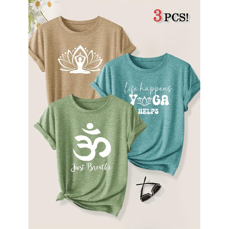 3er-Pack Yoga Meditation Figur Lotus Symbol Aufdruck Damen Kurzarm T-Shirts Sommer Herbst Sport Urlaub Freizeit Oberteile