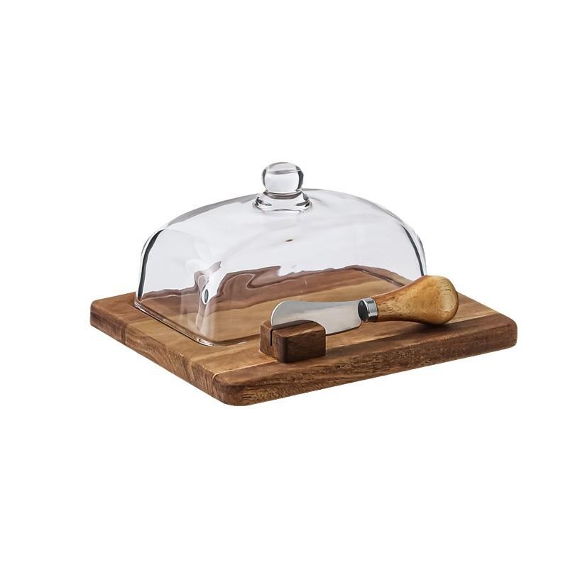 Butter Dish with Glass Lid Wooden Base Butter Keeper Saver with Cover for Table, Kitchen Countertop, Refrigerator With Knife