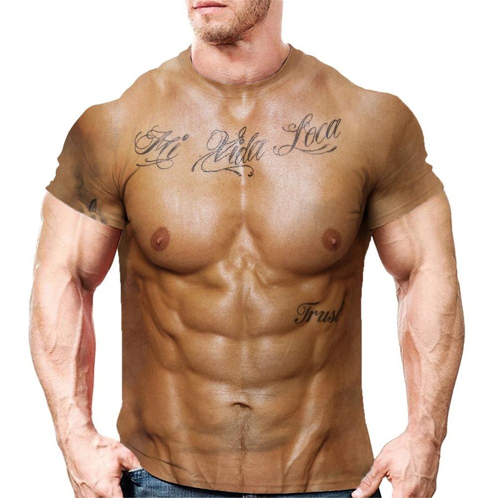 Sexig Mode Muskel Tatuering Kreativ Hip Hop Rolig Tuff Kille Sommar Herr Rundhals Kortärmad T-shirt Topp 3D Harajuku Tryck Ny