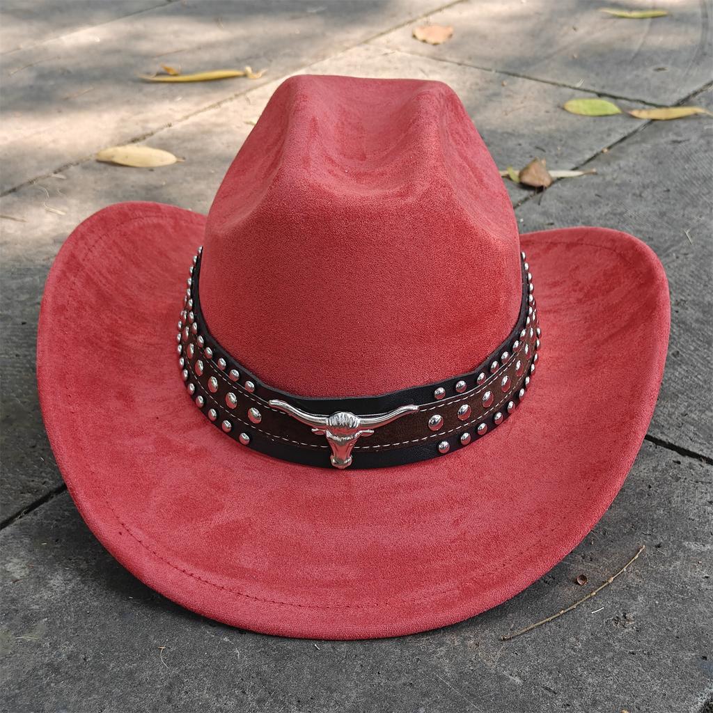 Retro Suede Leather Western Cowboy Fedora Hat For Men Women Bull Head Accessories Fashion Travel Party Hat Denim Hat Sombrero