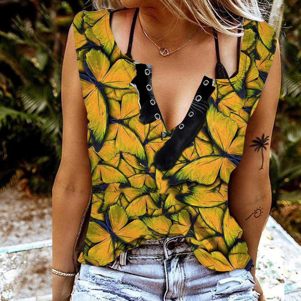 Women Tanks Sexy V Neck Sleeveless Summer Tops Vest 3D Many Butterflies Print Cool Lightweight Tops