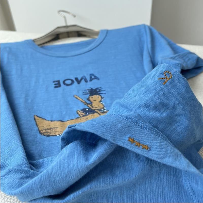 

Japanese Minority Expensive Brand 4 * R ~ Huge White Blue! Women s Short-Sleeved Bamboo Cotton T-shirt Blue S