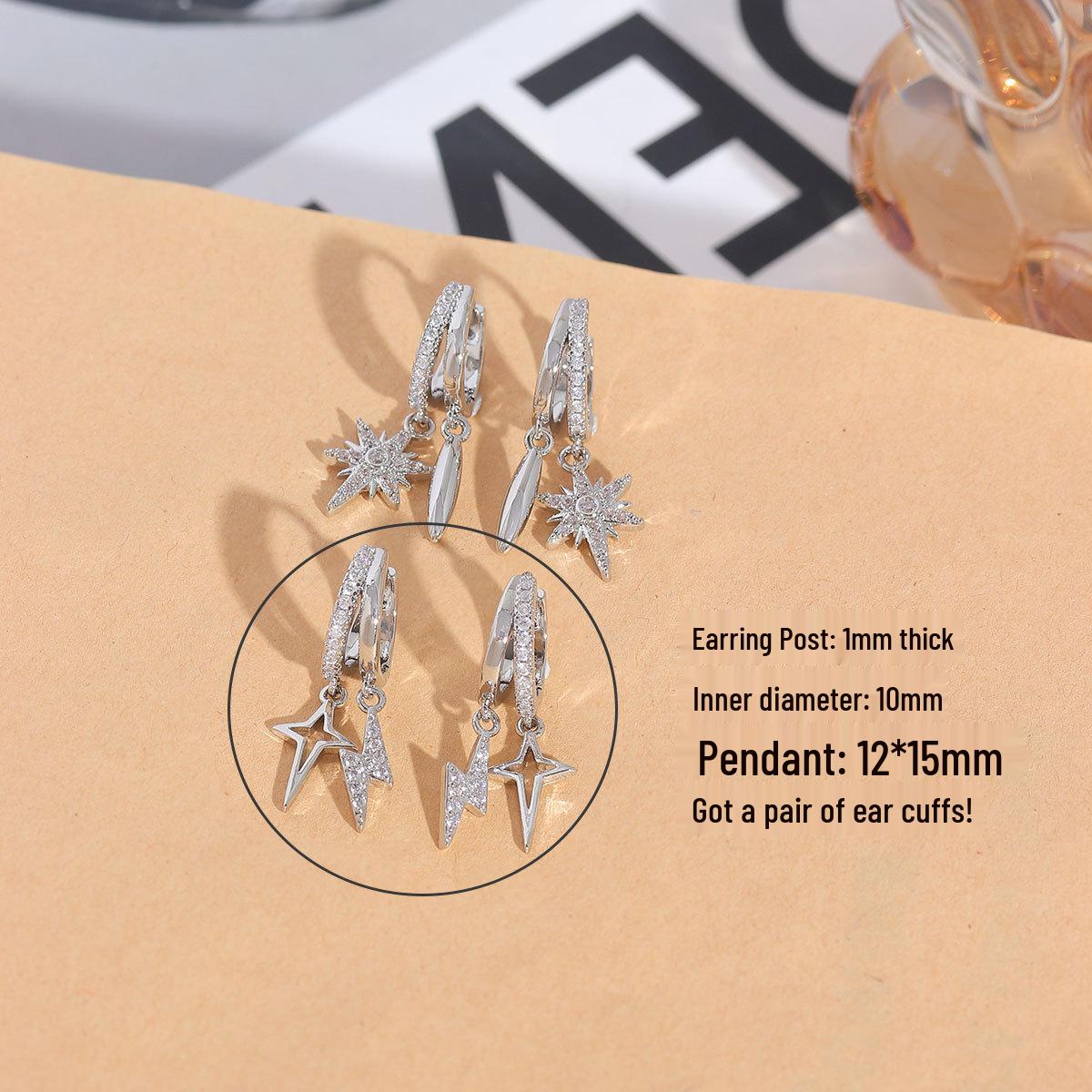 Copper-Plated Gold Double Layer Zircon Star and Lightning Earrings Durable Gold Plating