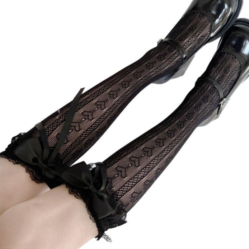 Socks spring and summer thin Lolita lace Korean version bow streamer lace long tube girl calf pile two wear