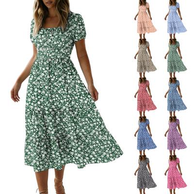 Vestido Largo Casual de Moda para Mujer con Cuello Cuadrado, Mangas Abullonadas, Estampado Floral, Ligero para Verano, Midi con Cintura Elástica y Falda de Volantes