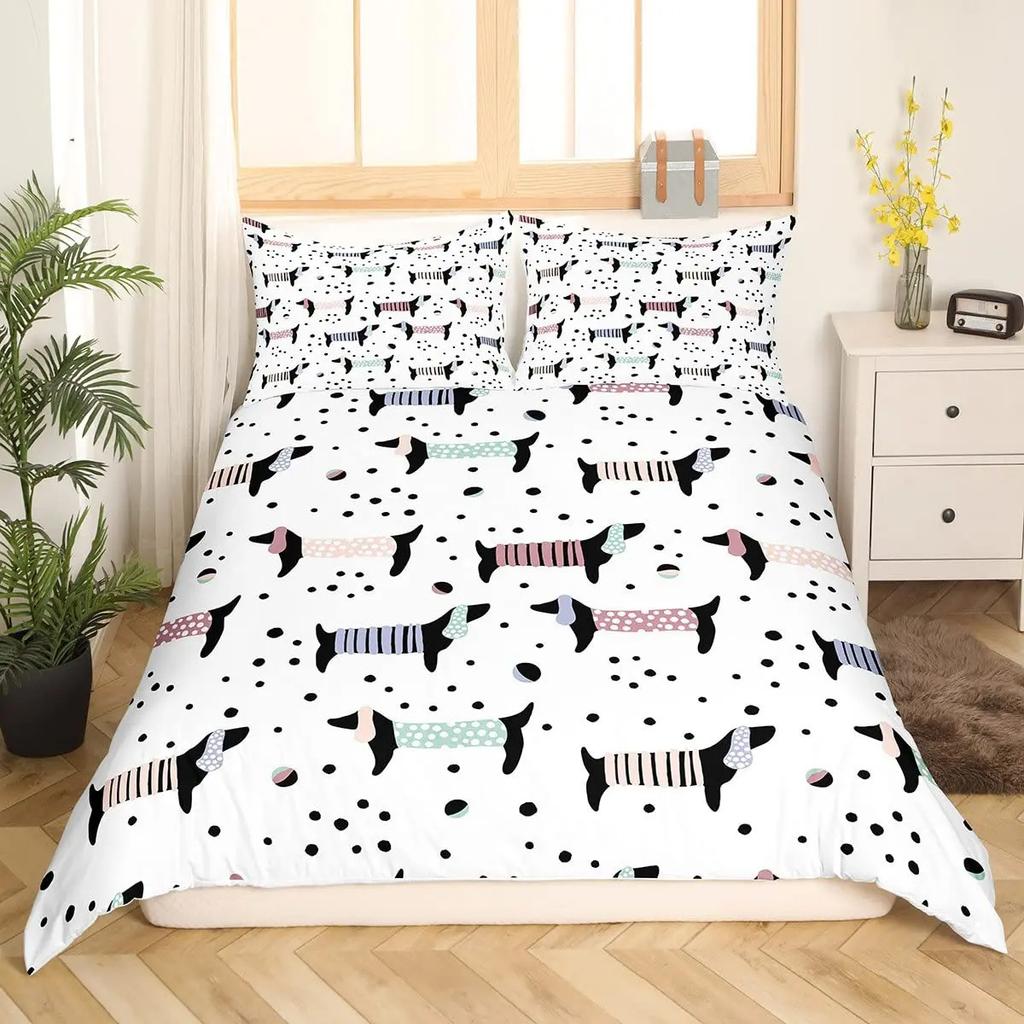 Dachshund Theme Duvet Cover Set Cartoon Puppy Bedroom Quilt Cover Three-Piece Bedspread