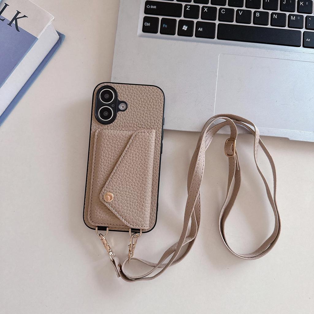 iPhone 17 Case: Lychee Pattern Leather Crossbody Lanyard Card Holder Protective Case for Apple 14 Pro