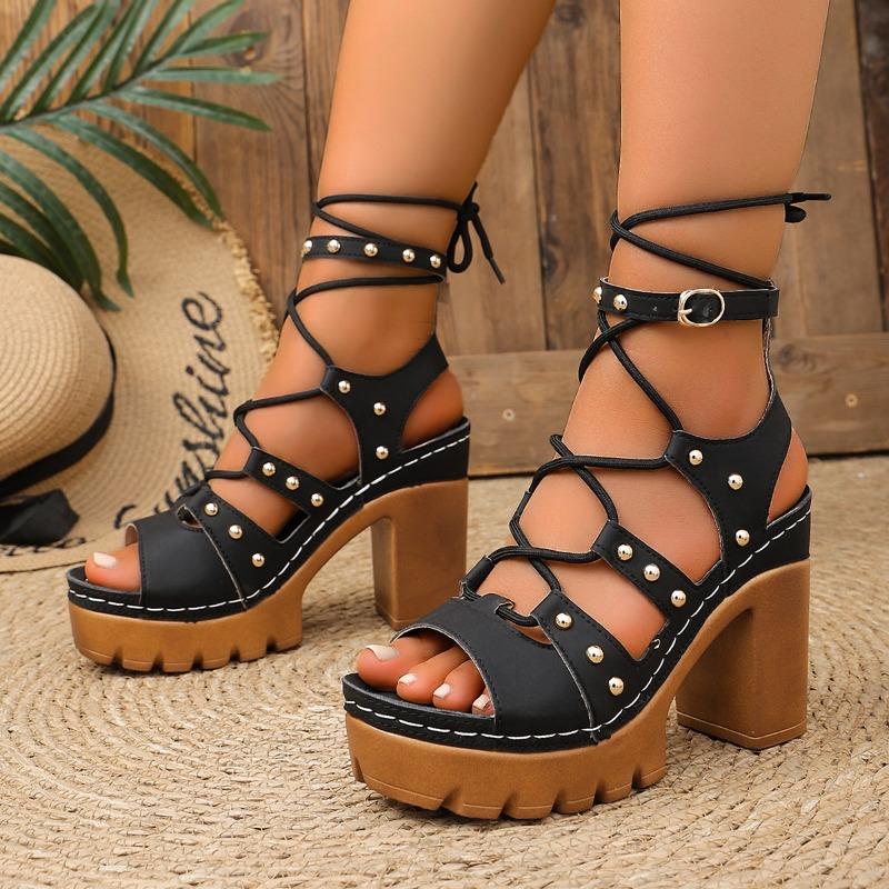 Summer new thick-soled thick-heeled open-toed rivet high-heeled sandals show height and thinness, fashionable and comfortable sandals