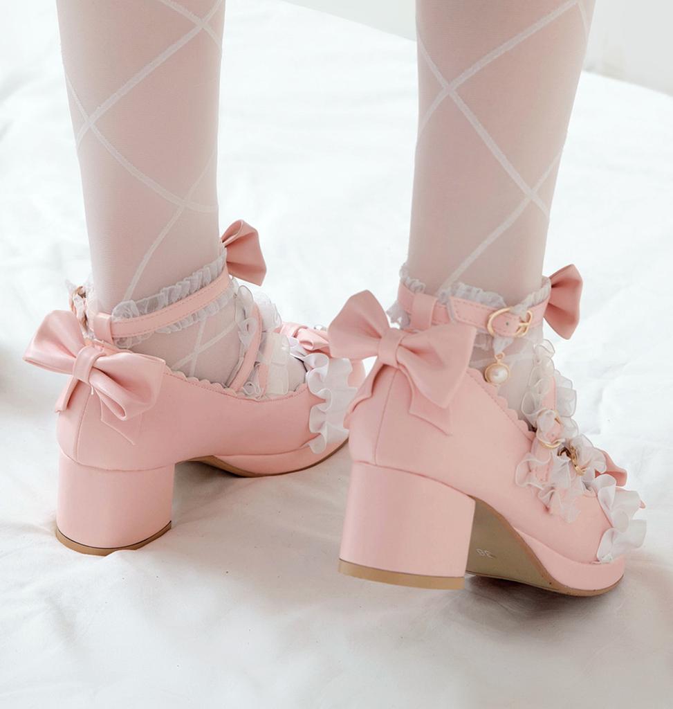Fashion 2025 Women High Heels Cross Strap Mary Jane Pumps Party Wedding White Pink Black Ruffles Bow Princess Cosplay Lolita Shoes 31-43