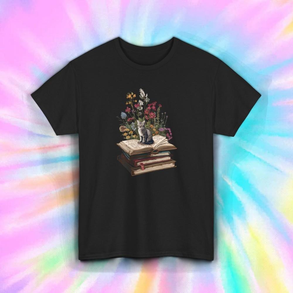 

Cat On Books Shirt Floral Book Lover Reading Kitty Cottagecore Garden Tee S-5XL 2XL