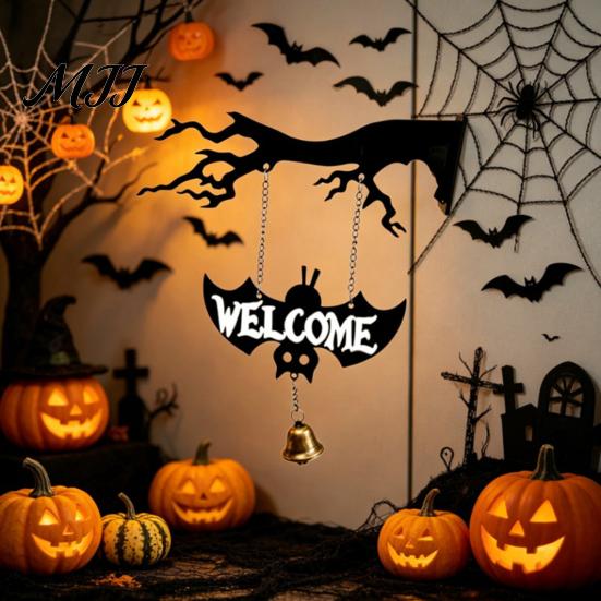Gothic Home Accents Halloween Ghost Swing Bat WELCOME Wind Chime, Bell Door Decoration with Vintage Copper Dead Tree Silhouette Bells, Rustic