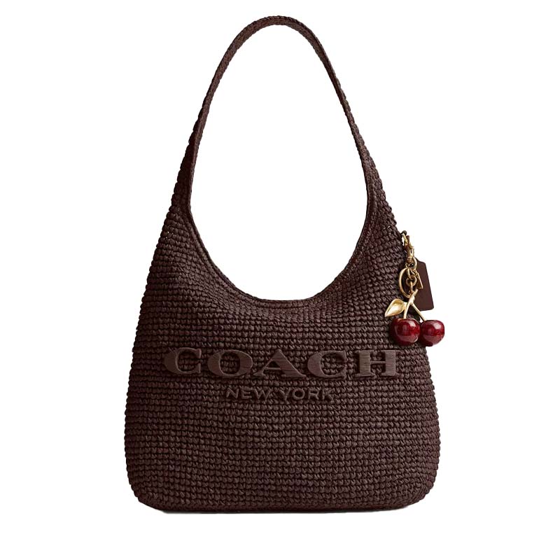 Coach Brown Woven Large Hobo Shoulder Bag with Embossed Logo for Daily Use