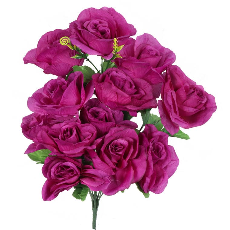 A bouquet of 12 open purple roses