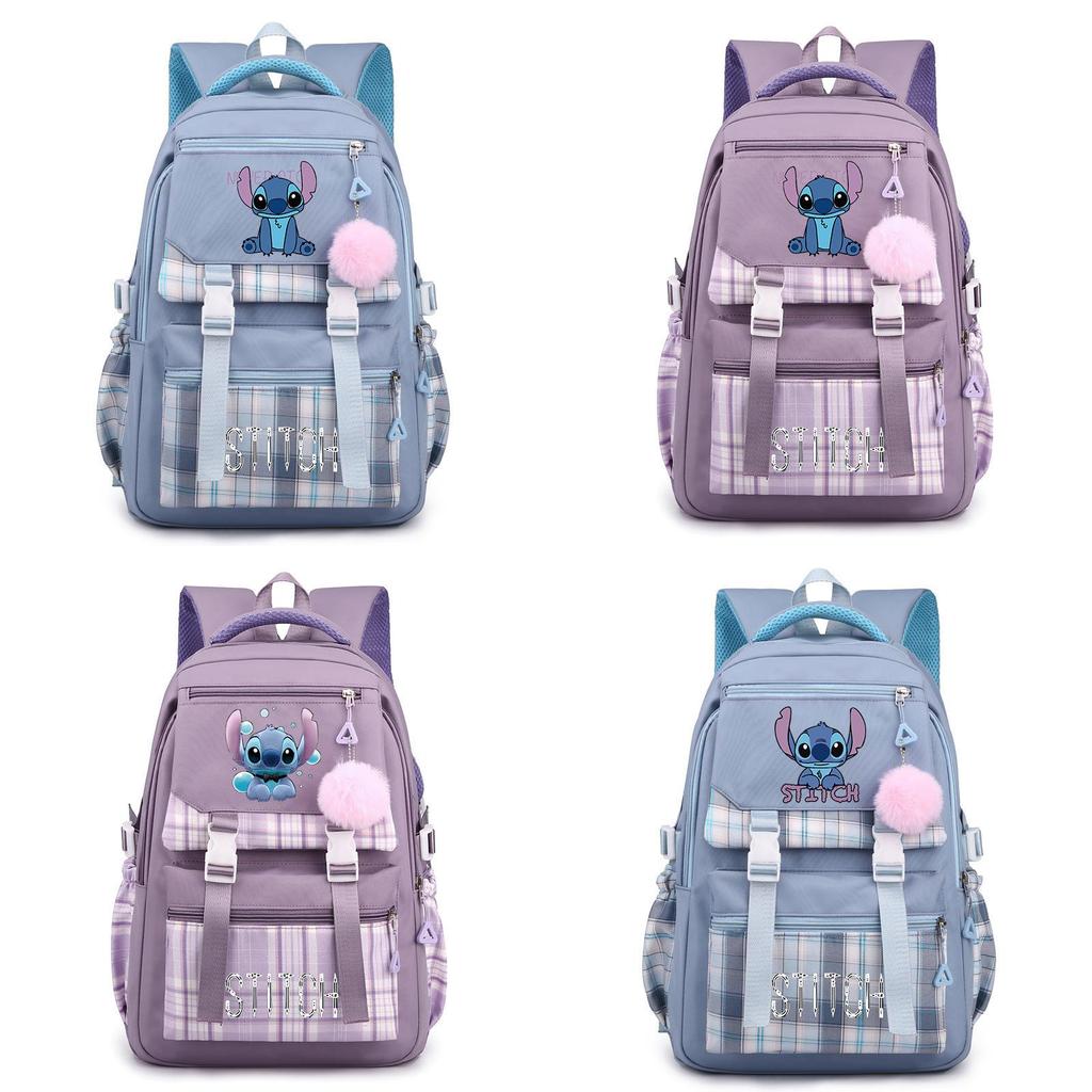 Cute Girl Backpack For School With Stitch Print And Checkered Patchwork Design For Middle School Students