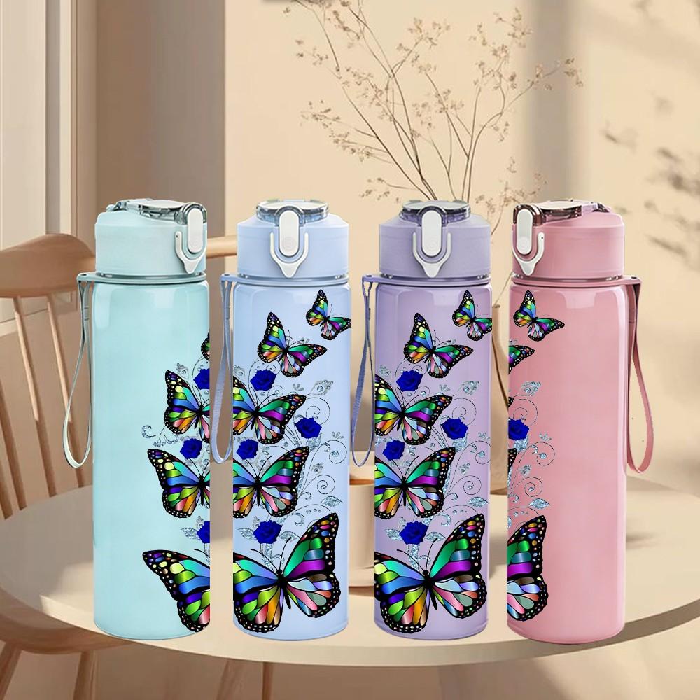 1PC Rainbow Butterfly Art Pattern 750ml Color Plastic Sports Water Bottle Leakproof Flip Straw Lid Suitable for Sports Office Home Use