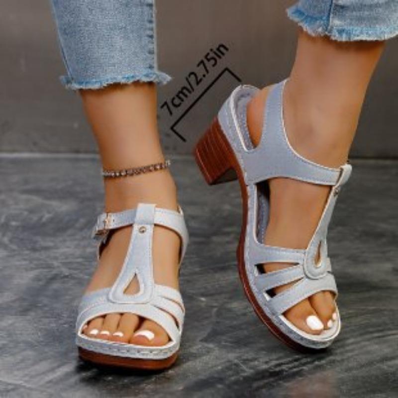 New large-size sandals women's summer solid color fish mouth thick heel one-word buckle high-heeled sandals