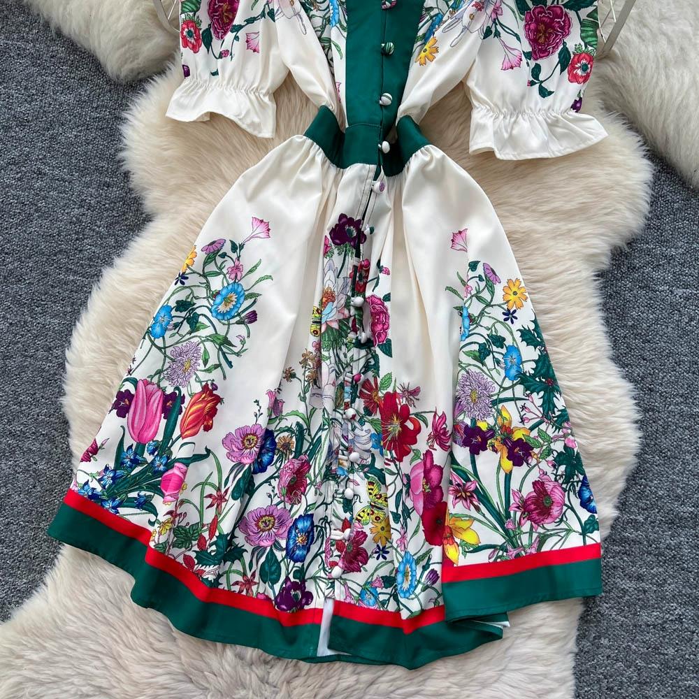 Vestidos de Pasarela Estampado Vintage de Verano para Mujer Cuello en V Mini Corto de Fiesta