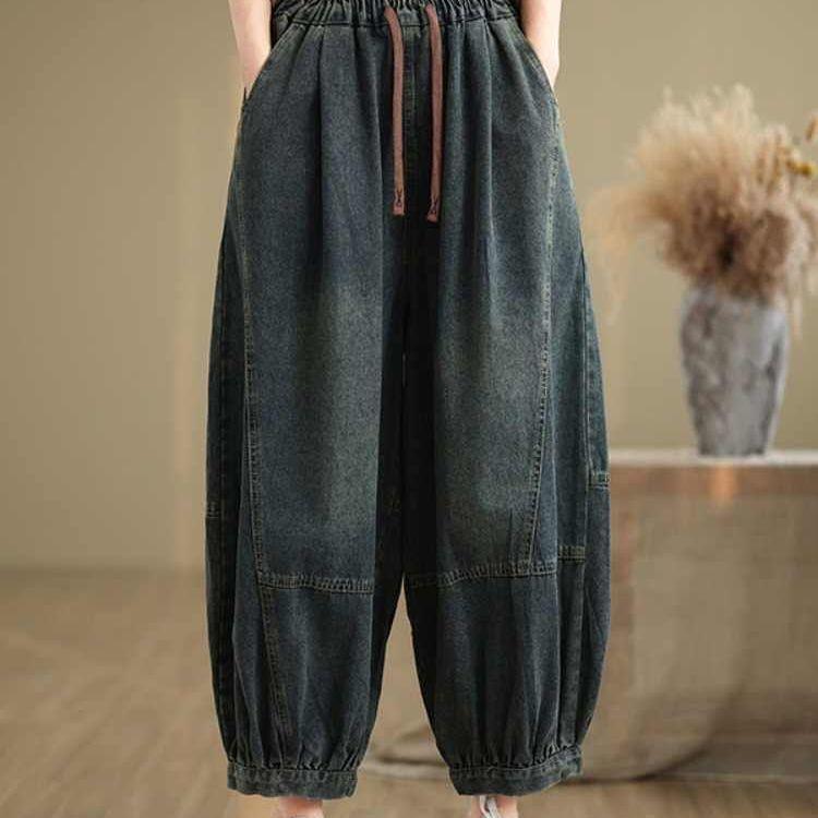 Retro Plus Size Distressed Denim Jeans Women's Autumn Elastic Waist Slimming Harem Pants Loose Versatile Nine-Point Pants