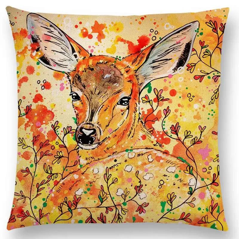 Oil Painting Animals ELK Cushion Cover Deer Lion Dogs Fox Bird Horse Sofa Throw Pillow Case