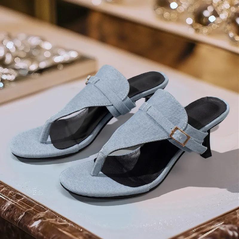 

Модные летние женские шлепанцы с круглым носком, легкие, на высоком каблуке, с открытым носком, новая модная элегантная повседневная обувь, ажурные шлепанцы, женские туфли-стилетто 42 джинсовый синий