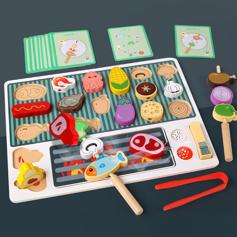 Children Barbecue Food Kitchen Toys Miniature Food Pretend Play Matching Cutting Games Toddlers Montessori Education Wooden Toy
