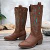 Large size retro hollow color matching western cowboy boots women's Maillard 0000 new tall thick heel knight boots