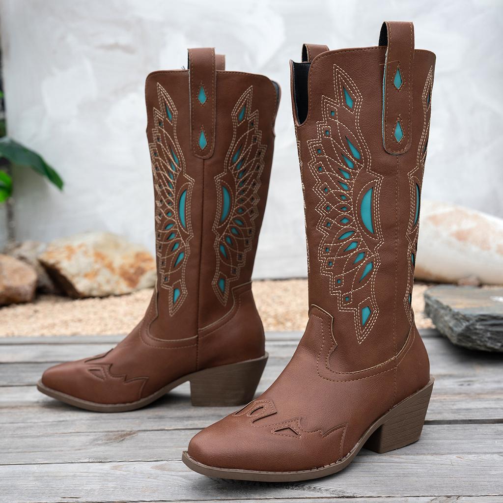 Large size retro hollow color matching western cowboy boots women's Maillard 0000 new tall thick heel knight boots