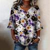 Women's Casual Button Front V-Neck Halloween Print Loose Fit Ruffled Sleeve Blouse