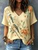 Women's Leaf Print V Neck T-Shirt, Short Sleeve Casual Tops, Stylish Autumn Vibe Daily Wear for Spring & Summer