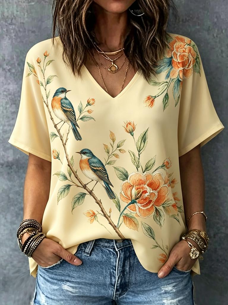 Women's Leaf Print V Neck T-Shirt, Short Sleeve Casual Tops, Stylish Autumn Vibe Daily Wear for Spring & Summer