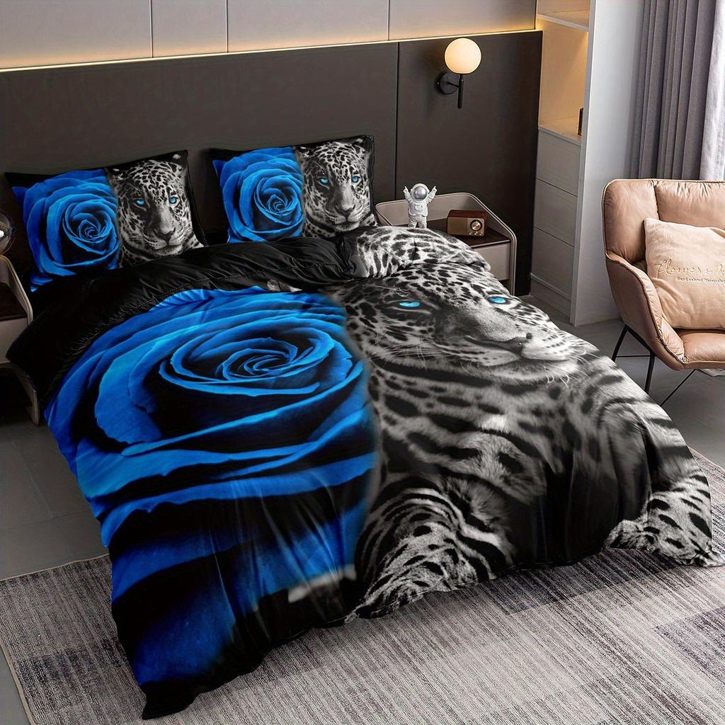 Romantic Leopard Rose Duvet Cover Set Soft And Comfortable For Bedroom Bedding Set Includes 1 Duvet Cover And 2 Pillowcases