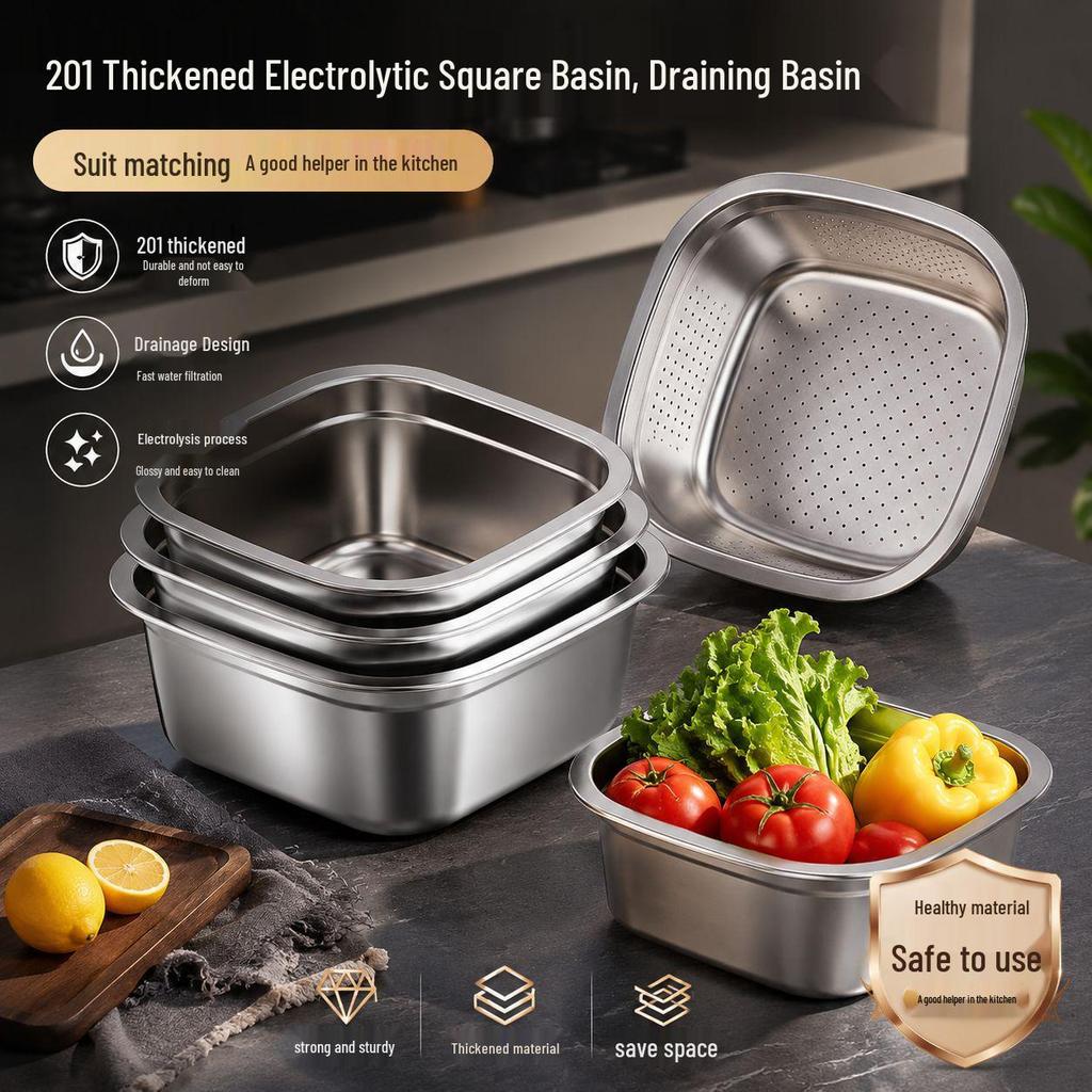 Extra Thick Double-Layer Stainless Steel Square Basin for Vegetable, Fruit, & Rice Washing