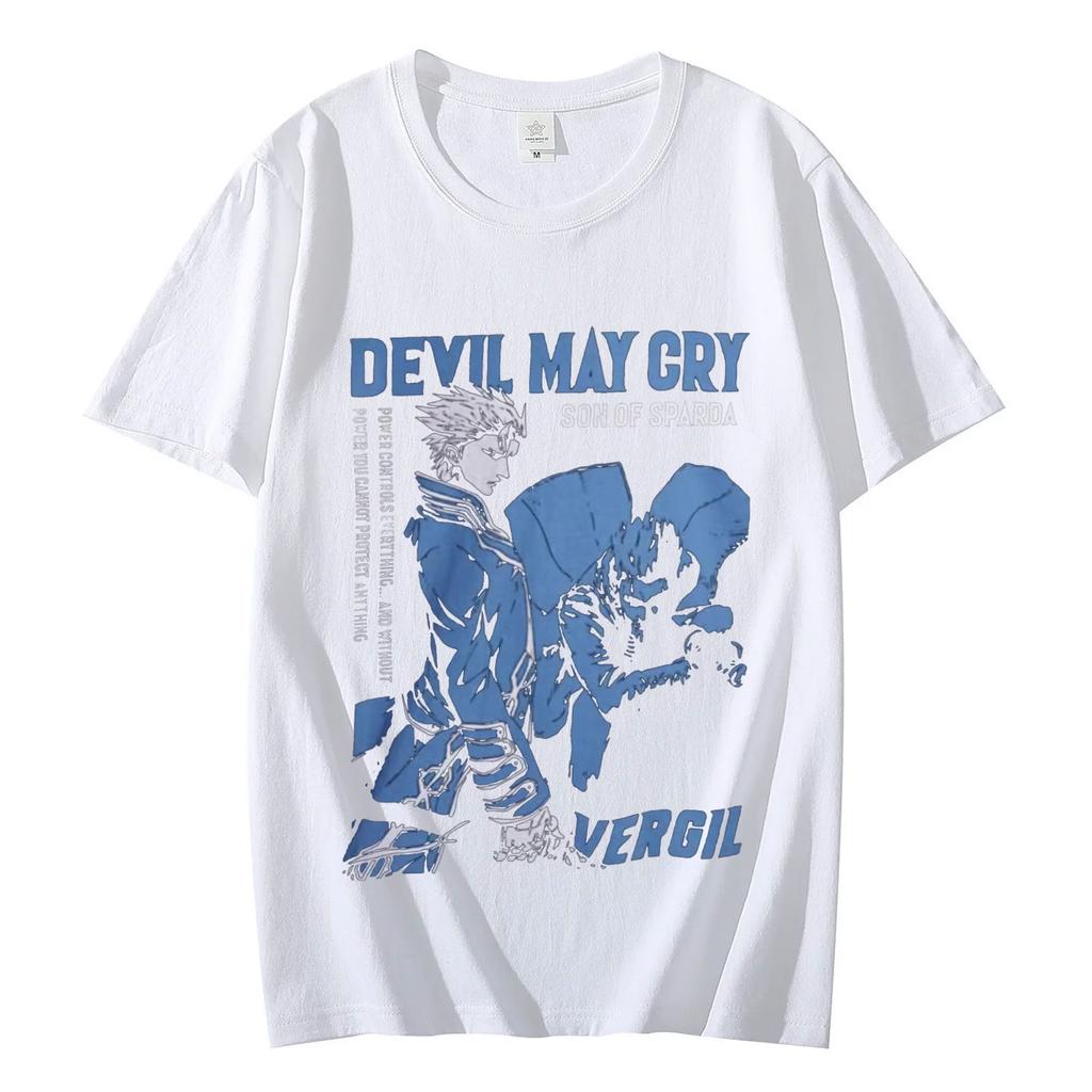 T-shirt à manches courtes, style vintage, surdimensionné, unisexe, décontracté, en coton, style streetwear, avec imprimé Devil May Cry