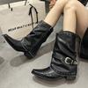 Fashion Thick Heels Mid Calf Boots Women Fashion Pointed Toe Zipper Riding Boots Woman Spring Autumn Belt Buckle Punk Botas