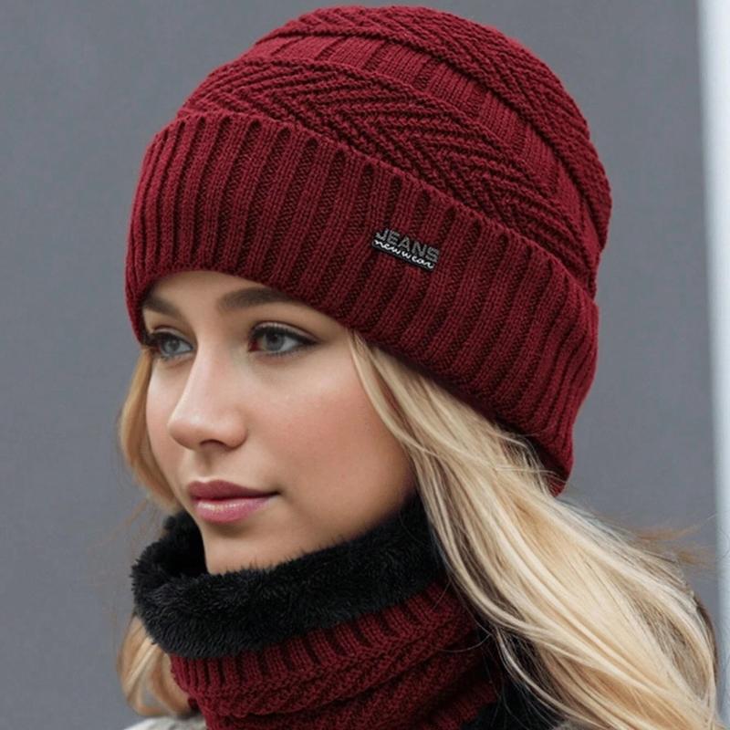 1 Stück Damen/Herren Einfarbiges Thermofutter Strickmütze & Halswärmer Set, Geeignet für Outdoor-, Straßen- und Alltagsgebrauch im Herbst/Winter