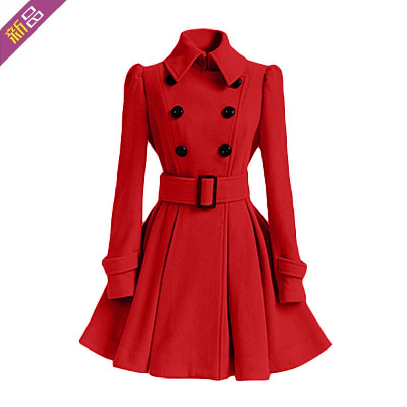 European and American Slim Fit Ruffle Wool Trench Coat with Belt Buckle - Women's Autumn and Winter Style