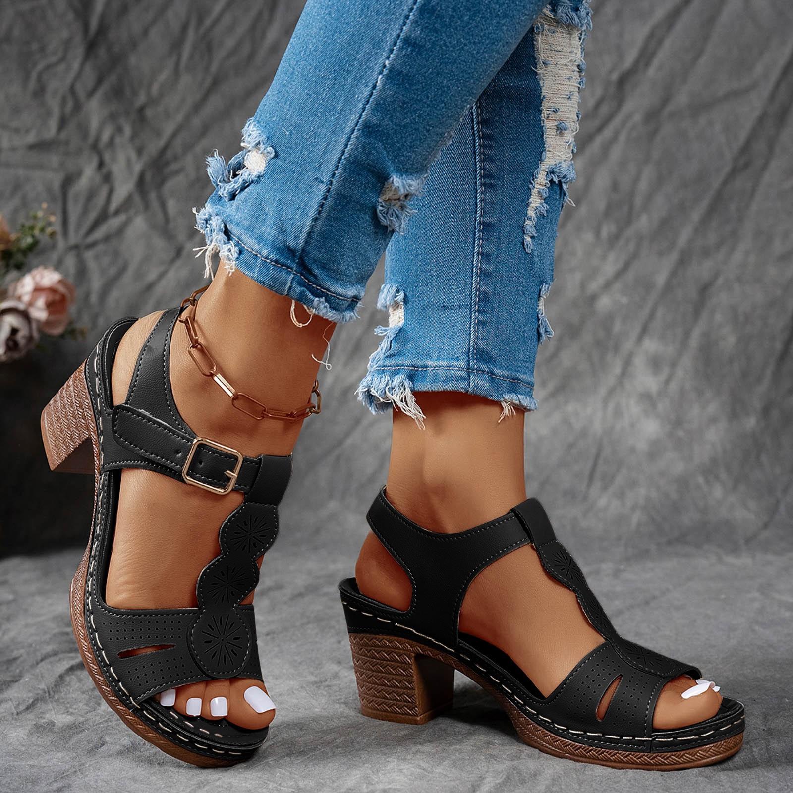 

Womens Leather Sandals Thick Heel Round Toe Women S Shoes Fashionable And Casual Hollow Straps Outdoor Wear Sandalias De Mujer 38 чёрный
