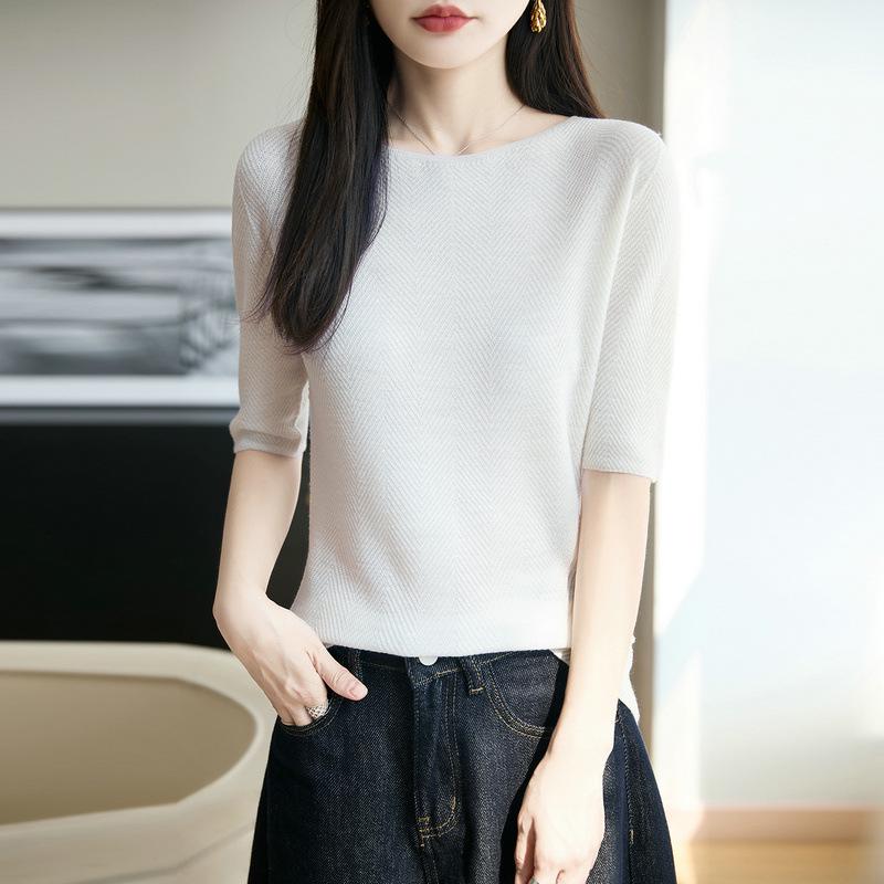 Ultra-Fine Pure Wool Women's Slim-Fit Fishbone Pattern One-Shoulder Mid-Sleeve Base Layer Shirt