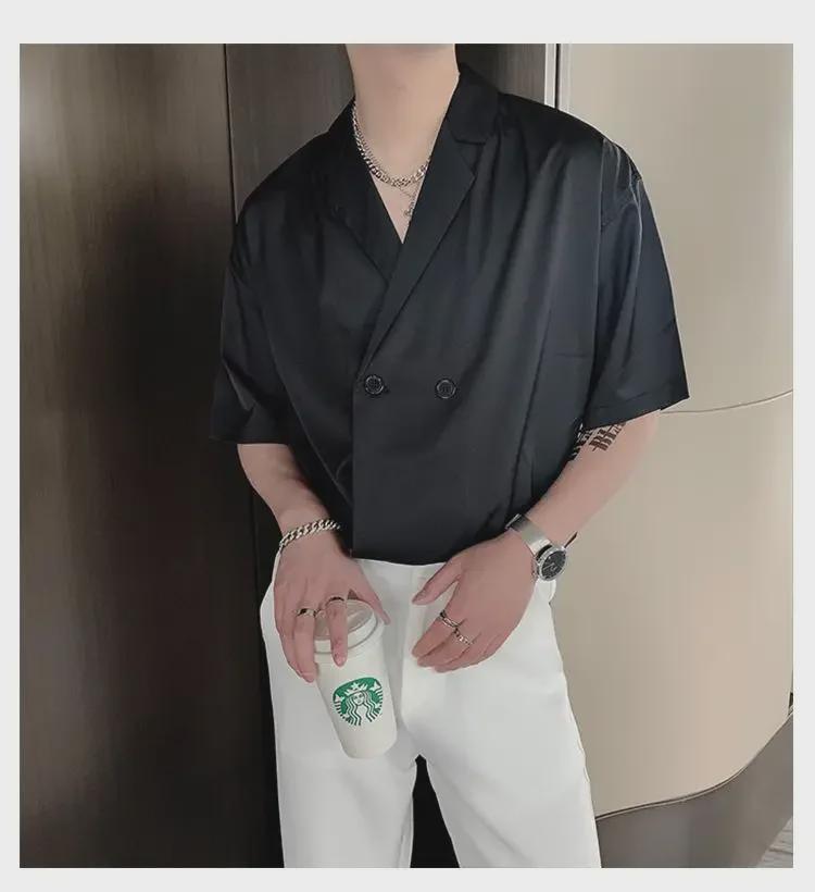Stylish Men's Korean Short-Sleeved Luxury Drape Suit Collar Shirt for Hair Stylists