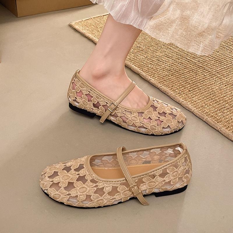 Women's Ballet Flats Ballerina Shoes 2026 Summer New Comfortable Embroidered Mesh Buckle Strap Elegant Shoe